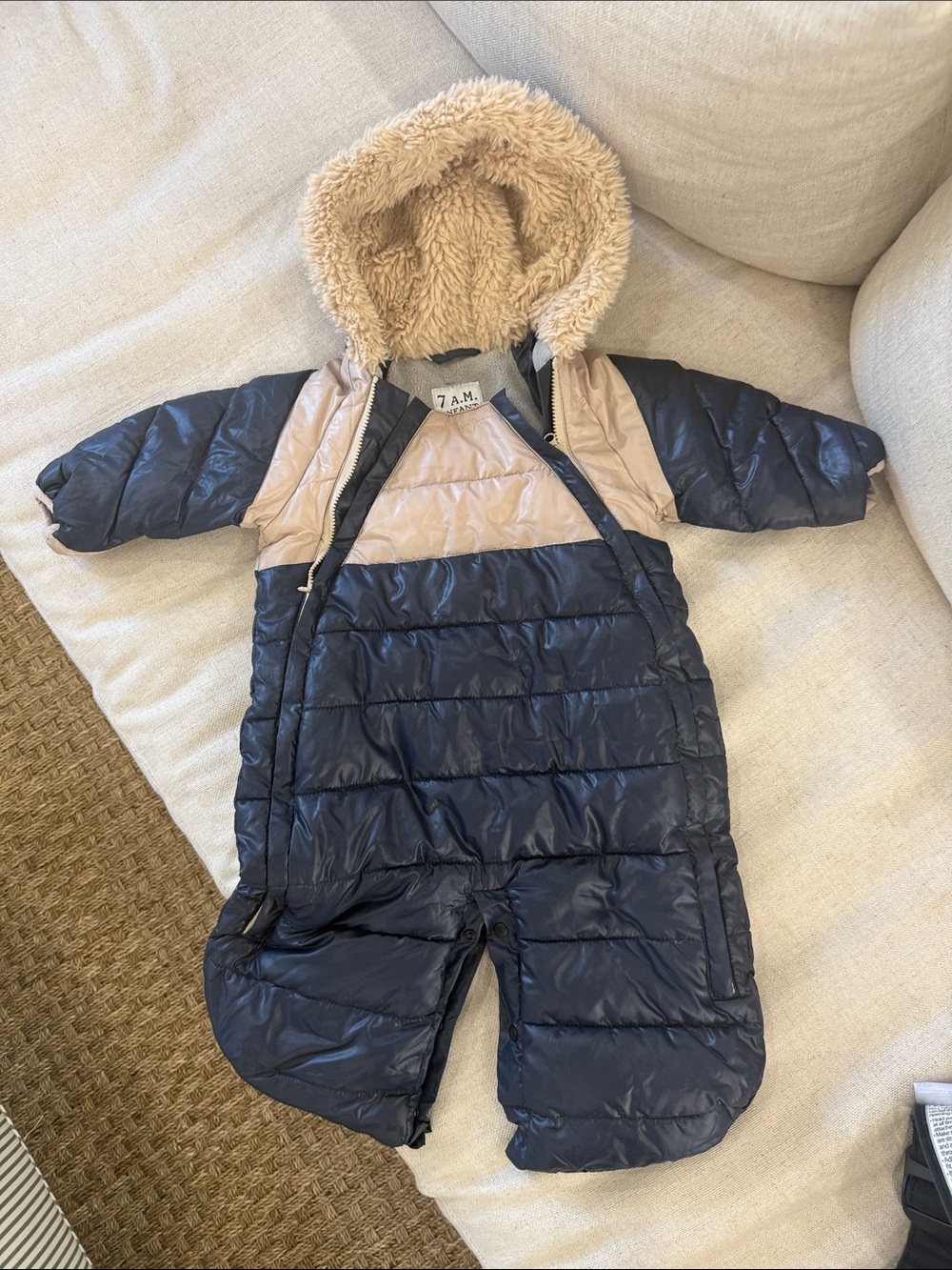 7 A.M. Enfant Navy and Beige Infant Puffer Snowsuit with Faux Fur Hood